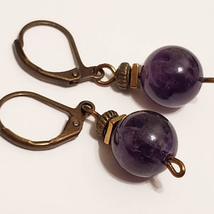 Purple Amethyst Gemstone Round Ball Bronze Leverback Earrings, Semi Precious, 10mm, Boho Jewelry, Gold, Simple, Handmade Dangle Drop Earring