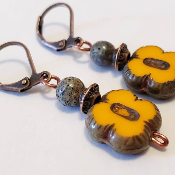 Orange Glass Clover Rustic Copper Earrings, Czech Glass Jewelry, Boho Handmade Earrings, Simple, Flower, Gray, Goldenrod, Marigold, Stone