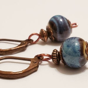 Blue Purple Raku Round Ball Ceramic Copper Leverback Earrings, Handmade Boho Jewelry, Simple, Rustic, Denim Blue, Dangle Drop, Gift For Her