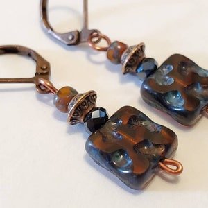 Rustic Burnt Orange Root Beer Brown Glass Square Copper Earrings, Handmade Jewelry, Boho, Gift For Her, Dangle Drop, Carved, Etched, Beaded