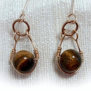 Gold Earrings, Tigers Eye Earrings, Brass And Gold Filled Wire Wrapped Tiger Eye Earrings, Gemstones, Gold Filled, Boho Modern Jewelry