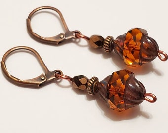 Burnt Orange Brown Faceted Glass Oval Copper Earrings, Vintage Style Leverback Earrings, Handmade Jewelry, Rustic, Boho, Gift For Her