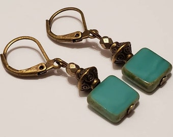 Turquoise Square Czech Glass Earrings, Bronze Antique Gold Handmade Jewelry, Leverback, Gift For Her, Dangle Drop, Aqua, Blue, Small, Boho