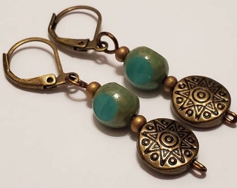 Turquoise Glass Bronze Sun Earrings, Rustic Gold Circle Boho Earrings, Leverback, Handmade Jewelry, Gift For Her, Modern, Geometric, Aqua