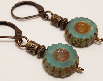 Rustic Aqua Glass Sunflower Bronze Earrings, Gold, Turquoise, Leverback, Handmade Jewelry, Boho, Flowers, Floral, Blue, Gift For Her