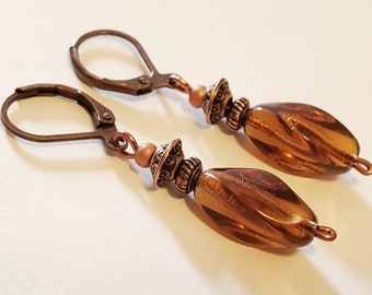 Root Beer Brown Vintage Glass Oval Copper Leverback Earrings, Handmade Boho Jewelry, Bead Earrings, Dangle Drop, Gift For Her, Burnt Umber