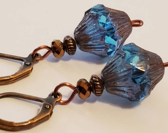 Faceted Blue Czech Glass Vintage Style Copper Earrings, Leverback, Boho, Art Nouveau, Handmade Jewelry, Aqua Earrings, Antique, Gift For Her