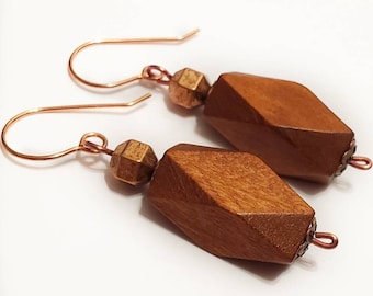 Brown Wood And Copper Geometric Earrings, Simple Jewelry, Handmade, Boho, Modern, Gift For Her, Classic, Rectangle, Faceted, Earthy