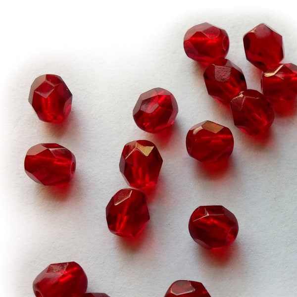 5mm Round Czech Fire Polished Beads, Faceted Glass Beads, Light Garnet Red Glass Beads, Red Fire Polished Beads, Transparent Red Beads