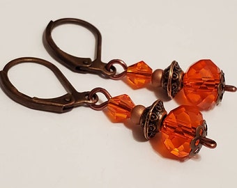 Tangerine Orange Glass Crystal Copper Leverback Earrings, Handmade Boho Jewelry, Small Earrings, Gift For Women, Bright Pumpkin, Dangle Drop