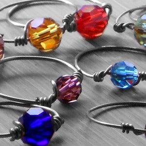 Custom Crystal Silver Wire Wrapped Ring, Crystal Birthstone Ring, Stackable, Customizable, Thin Band, Delicate, Boho, Handmade Silver Ring