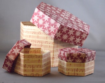 Christmas Origami Hexagon Box w/ Lid - Music & Snowflakes