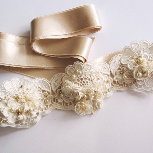 RESERVED for Kriste Kimball / Creamy Soft Beige Bridal Flower Lace Handmade Sash Belt Wedding Gown Richelieu Dentelle Ribbon Sash Belt