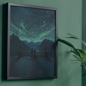 Inspirowana sztuka ścienna ACOTAR Starfall - Romantyczny nocny dwór Magiczne niebo ze spadającymi gwiazdami | Fantastyczna sztuka dla miłośników książek