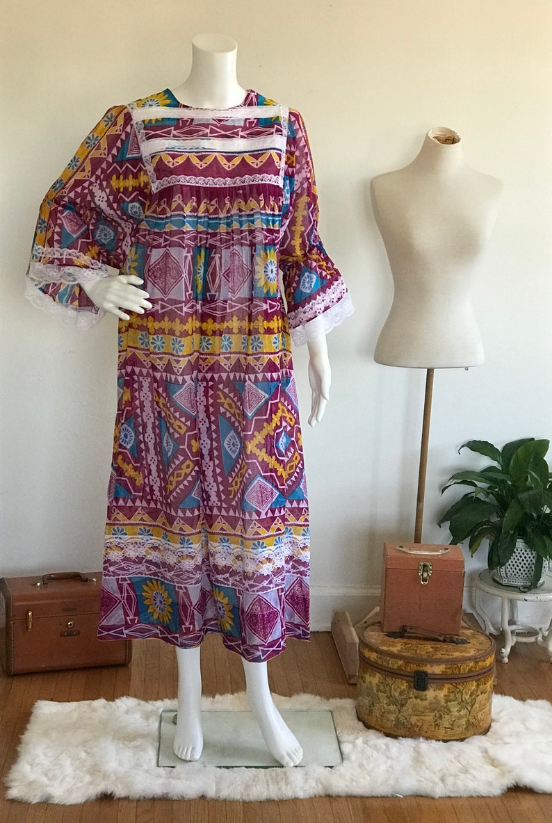 Vintage Handmade Gauze Pleated Lace Smock Muumuu Kaftan Frock Etsy
