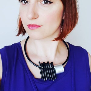 Modernist Bib Necklace: Silver Aluminum & Black Plastic Statement Jewelry