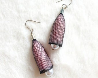 Contemporary earrings Light pink earrings Pearl earrings Wool earrings Mesh earrings Dangle earrings Unique handmade earrings