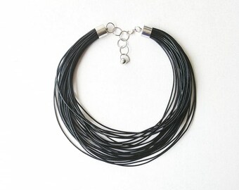 Black leather statement necklace Popular necklace  Leather necklace  Contemporary jewelry Minimalist jewelry Multi strand necklace.