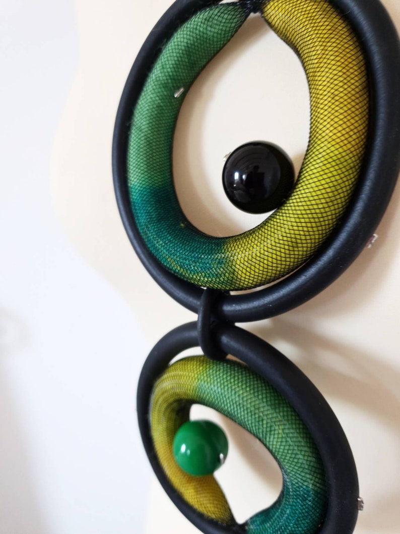 Bib necklace Statement necklace Rubber necklace Green long necklace Unusual necklace Asymmetrical jewelry Art necklace Modern necklace