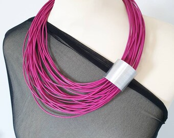 Purple pink statement necklace Popular necklace Bib necklace Leather necklace Contemporary jewelry Asymmetrical jewelry