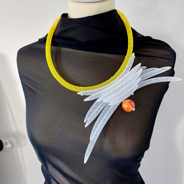 Contemporary jewelry Bib necklace Statement necklace White necklace  Asymmetrical jewelry Mesh necklace Modern necklace Popular necklace