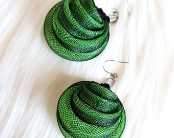 Statement earrings Mesh earrings Dangle earrings Green-black earrings Contemporary earrings Unusual earrings Modern earrings