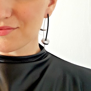 Modernist Black Rubber Dangle Earrings: Hypoallergenic Stainless Steel