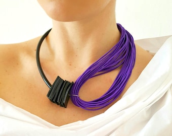 Purple necklace Statement necklace Popular necklace Rubber jewelry Contemporary jewelry Asymmetrical necklace Unusual necklace