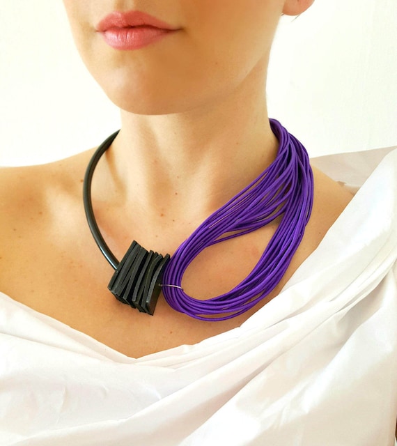 Purple Rubber Cord Necklace: Asymmetrical Contemporary Jewelry