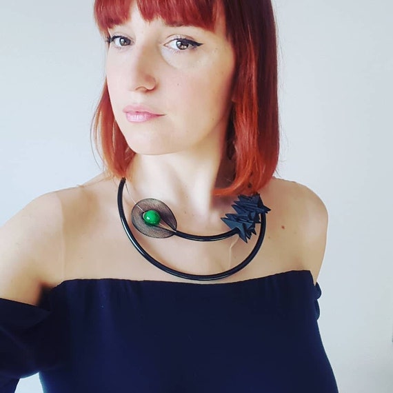Bib necklace Statement necklace Rubber necklace Green long necklace Unusual necklace Asymmetrical jewelry Art necklace Modern necklace