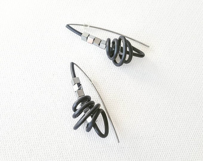 Statement earrings Contemporary earrings Hypoallergenic earrings Long earrings Hematite earrings Rubber earrings Unusual jewelry