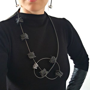 Black PVC Statement Necklace: Modernist Geometric Jewelry