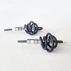 Statement earrings Contemporary earrings Hypoallergenic earrings Long earrings Hematite earrings Rubber earrings Unusual jewelry image 3