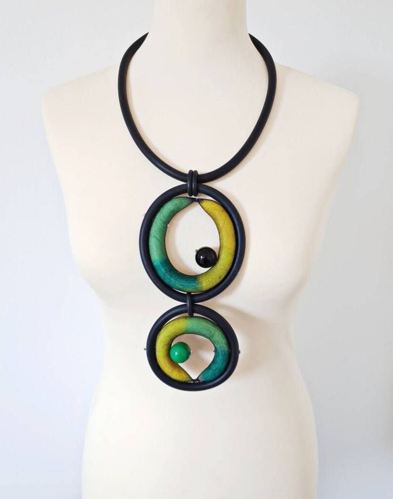 Bib necklace Statement necklace Rubber necklace Green long necklace Unusual necklace Asymmetrical jewelry Art necklace Modern necklace