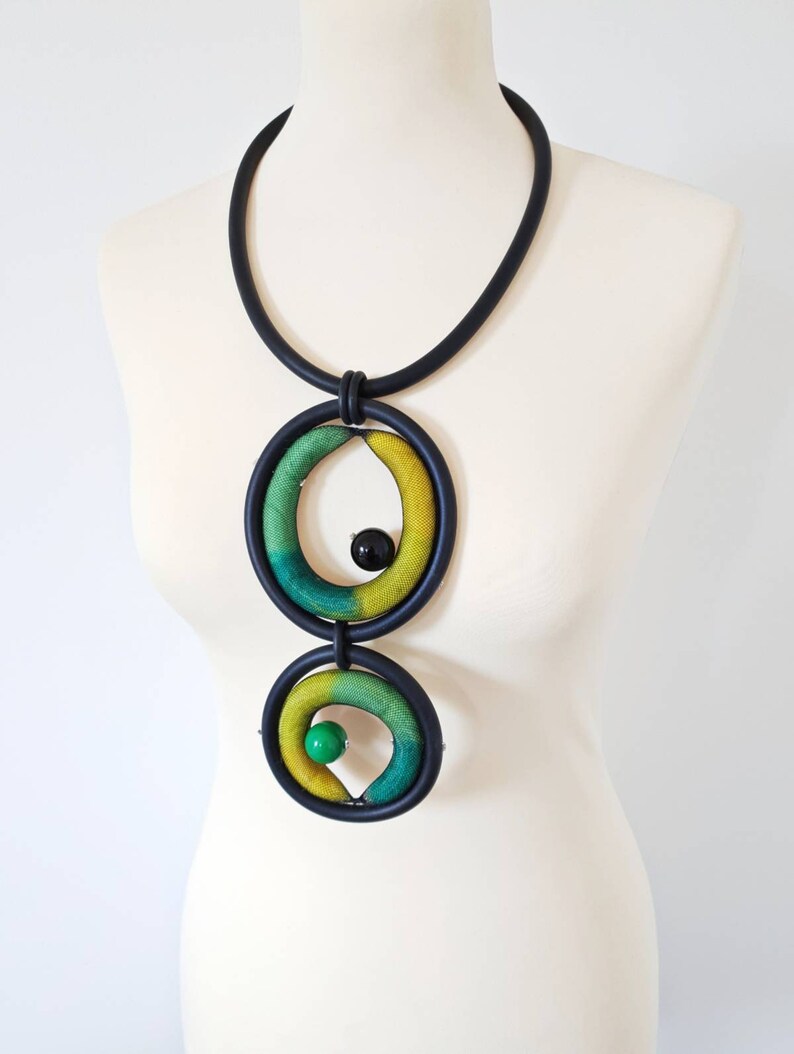 Bib necklace Statement necklace Rubber necklace Green long necklace Unusual necklace Asymmetrical jewelry Art necklace Modern necklace