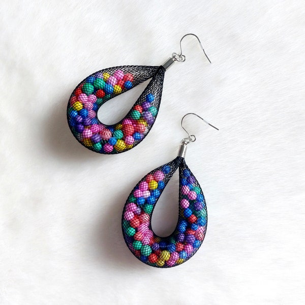 Statement Mesh Earrings: Multicolor Bead Stainless Steel Hooks