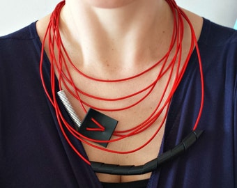 Chunky statement necklace Modern necklace   Leather jewelry Rubber jewelry Contemporary jewelry Multi strand necklace Red leather necklace