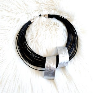 Black Leather Bib Necklace: Contemporary Aluminum Statement Jewelry
