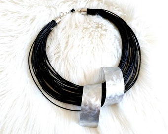 Black Leather Bib Necklace: Contemporary Aluminum Statement Jewelry