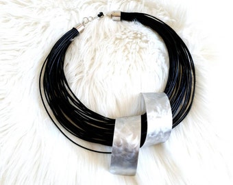 Black statement necklace Bib necklace Popular necklace Leather necklace  Contemporary jewelry Unusual jewelry Multi strand necklace