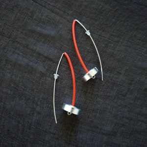 Modernist Red Rubber Dangle Earrings: Hypoallergenic Stainless Steel