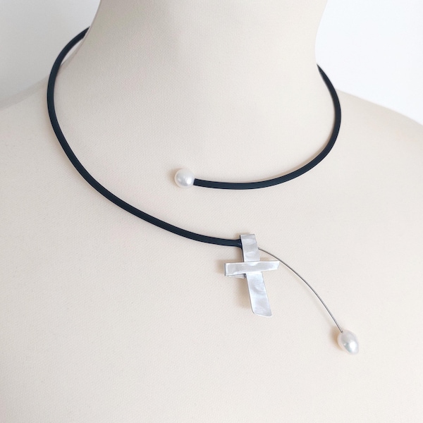 Pearl Cross Necklace: Minimalist Asymmetrical Jewelry