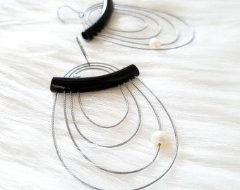 Freshwater Pearl Dangle Earrings: Stainless Steel, Black Accent