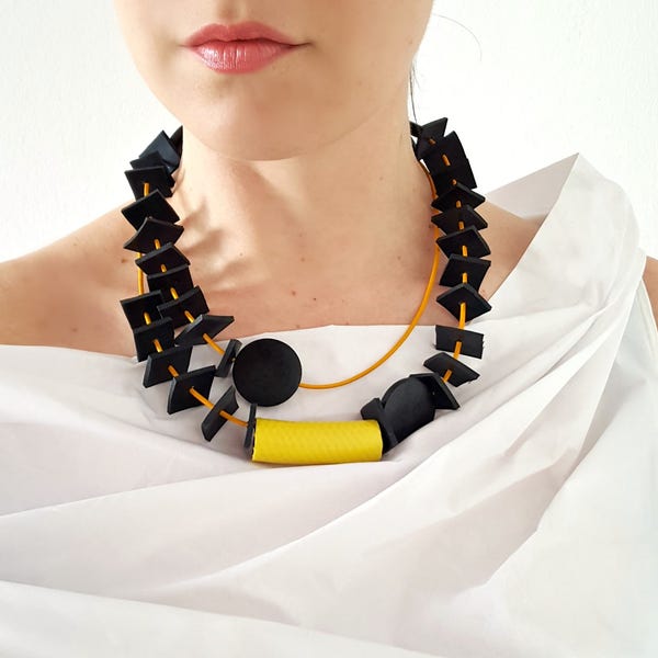 Long statement necklace Leather necklace Modern necklace Rubber necklace Contemporary jewelry Bib necklace Geometric necklace 2in1 necklace.