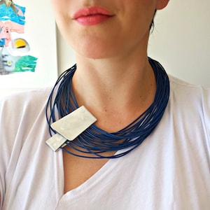 Statement necklace Bib necklace Popular necklace Leather blue necklace Contemporary jewelry Asymmetrical jewelry Bold necklace Gift for her