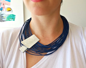 Statement necklace Bib necklace Popular necklace Leather blue necklace Contemporary jewelry Asymmetrical jewelry Bold necklace Gift for her