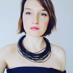 Black Leather Statement Necklace: Contemporary Multi Strand Jewelry