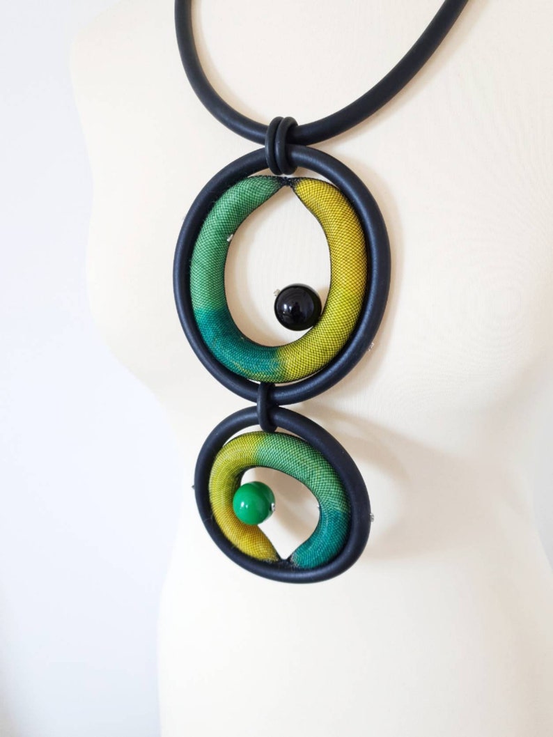 Bib necklace Statement necklace Rubber necklace Green long necklace Unusual necklace Asymmetrical jewelry Art necklace Modern necklace