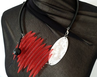 Contemporary jewelry Bib statement necklace Red necklace Unusual necklace Asymmetrical mesh necklace Modern necklace Popular necklace