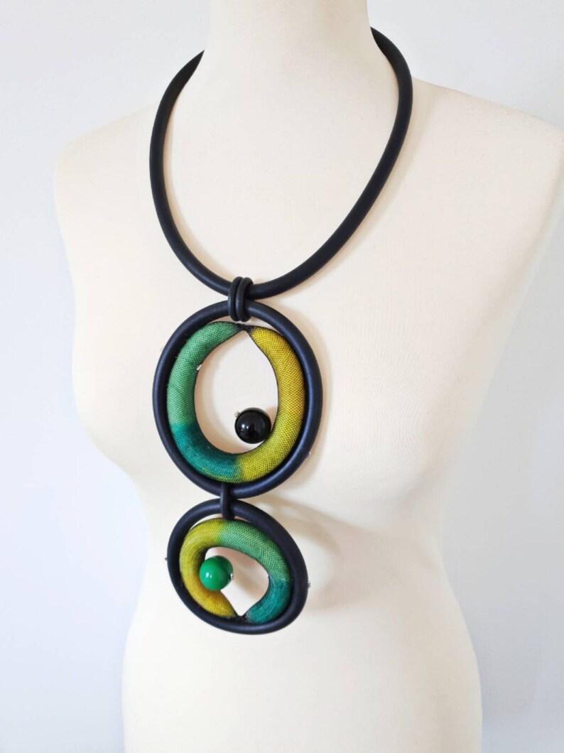 Bib necklace Statement necklace Rubber necklace Green long necklace Unusual necklace Asymmetrical jewelry Art necklace Modern necklace
